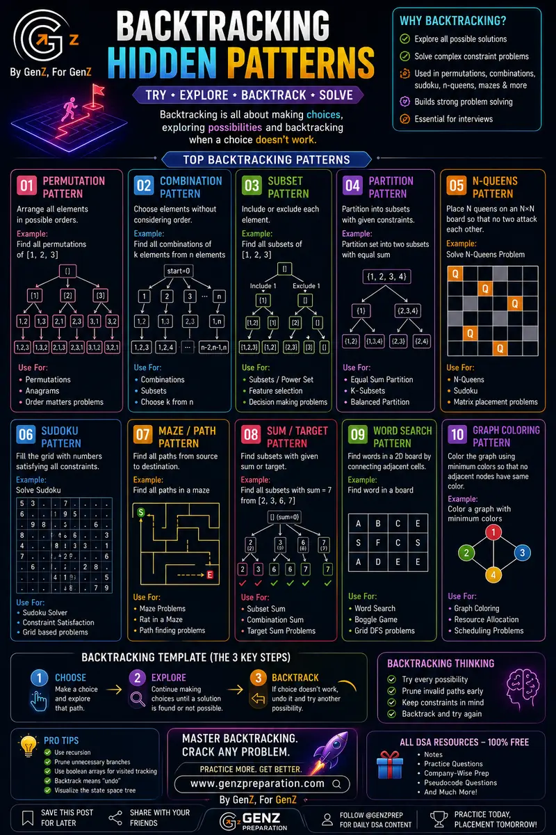 Infographic: Backtracking Hidden Patterns — 10 patterns including permutation, combination, subset, partition, N-Queens, Sudoku, maze/path, sum/target, word search, and graph coloring, plus the 3-step backtracking template