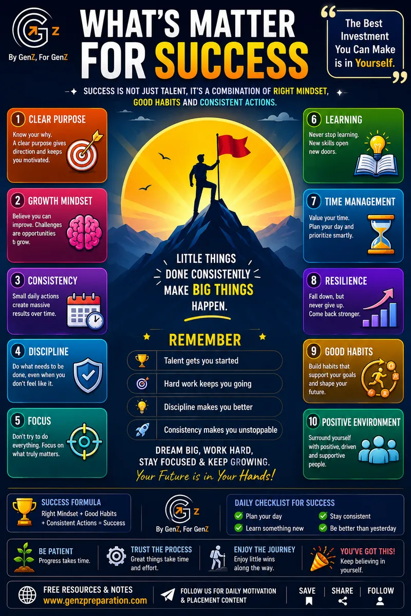 Infographic: What matters for success — 10 key habits including clear purpose, growth mindset, consistency, discipline, focus, learning, time management, resilience, good habits, and positive environment